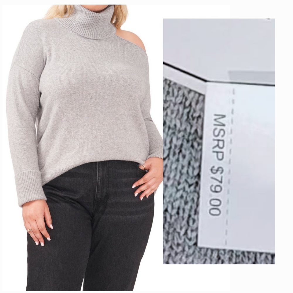 1.STATE Cutout Cold Shoulder Turtleneck Sweater Grey Cotton Relaxed Cozy 2X